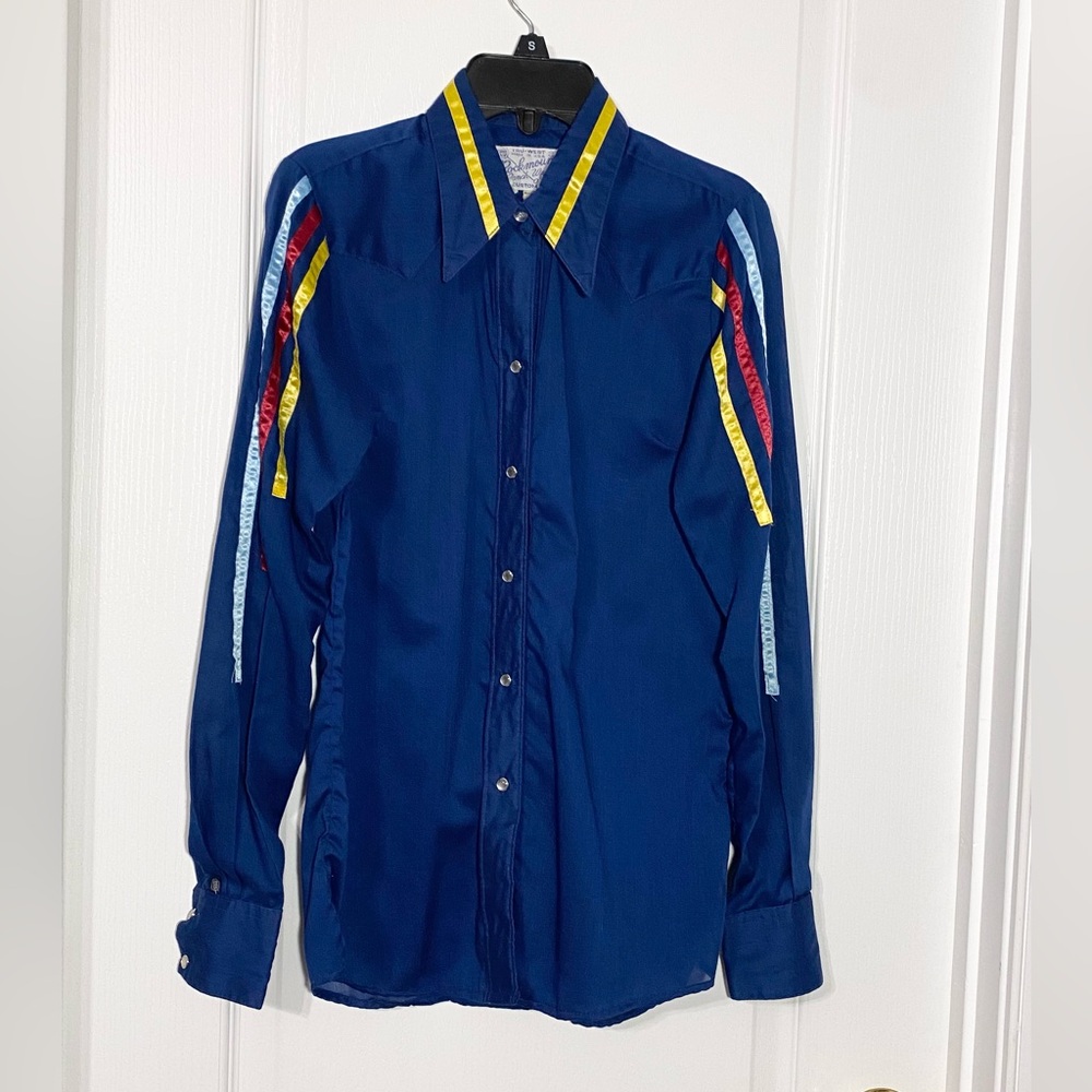 Vintage Rockmount Ranch Wear Ribbon Trim Western Shirt USA MADE Blue 32 Small